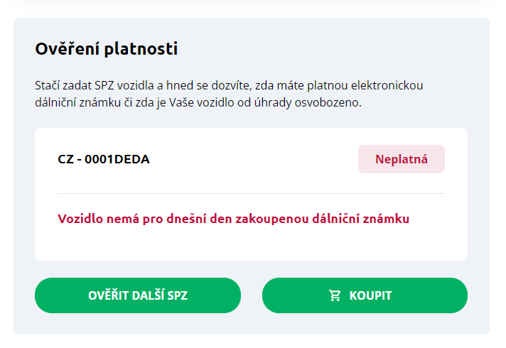 Ověření platnosti dálniční známka 2023 - NEPLATNÁ