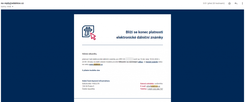 Ověření platnosti dálniční známky 2021 - automatický email